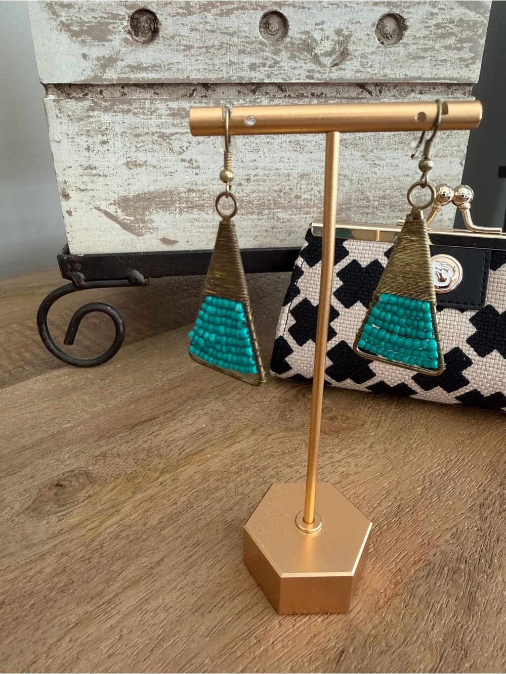 Turquoise and Gold Triangle Beaded Drop Earrings